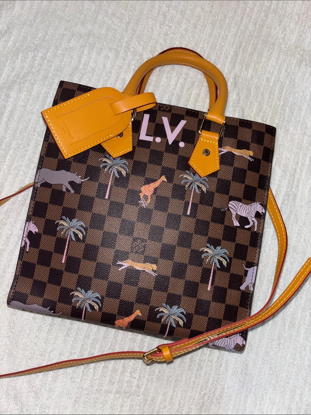 Louis Vuitton Brown Checkered Animal Print Satchel with Yellow Handles